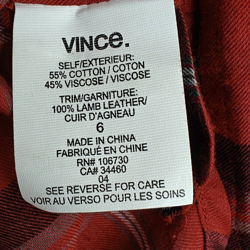 Vince Plaid Button Front Shirt Lamb Leather Collar Size 6 Red Black Long Sleeves - Picture 9 of 11